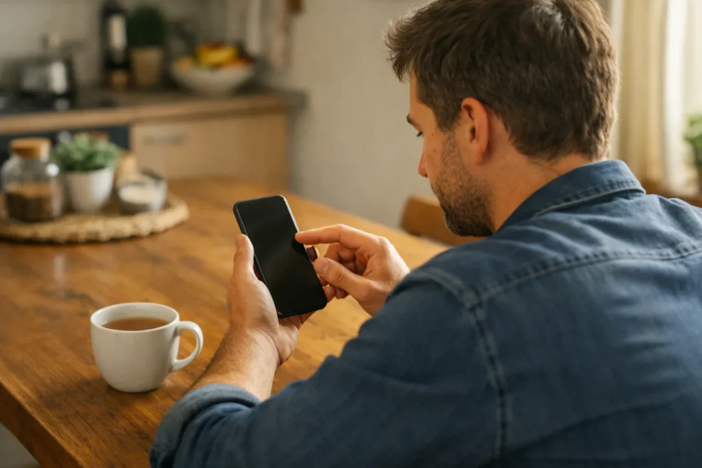 Iemand aan de keukentafel past het geluid van een smartphone aan.