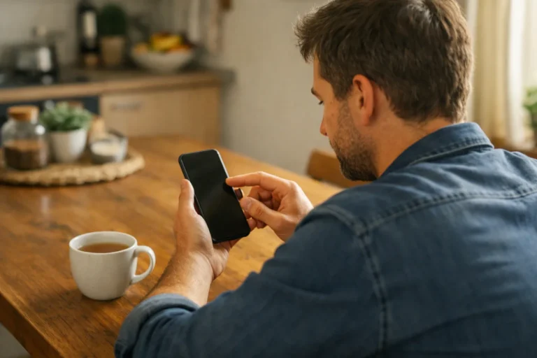 Iemand aan de keukentafel past het geluid van een smartphone aan.