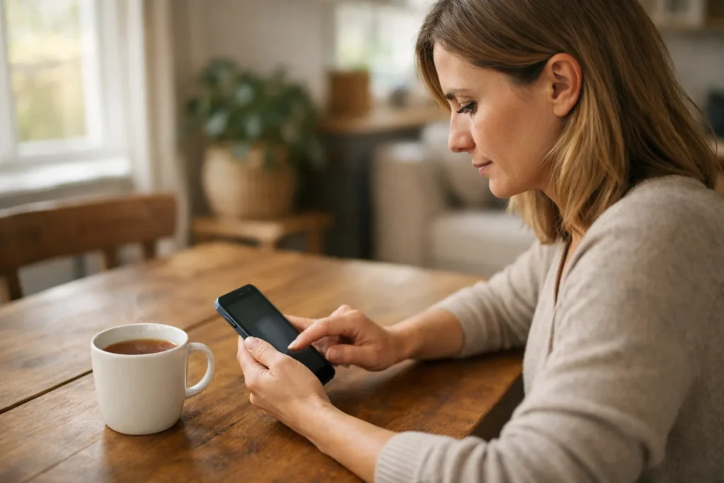 Persoon bekijkt een smartphone aan de eettafel om Instagram meldingen aan te passen.