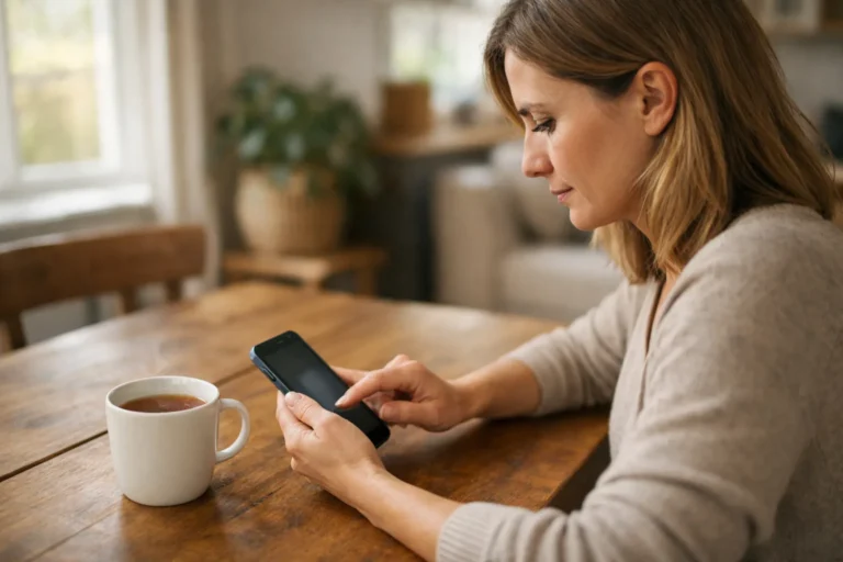 Persoon bekijkt een smartphone aan de eettafel om Instagram meldingen aan te passen.