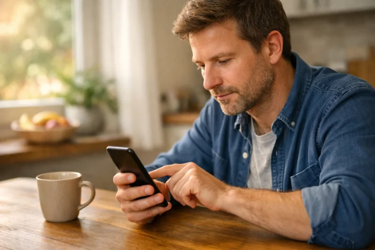 Persoon bekijkt een smartphone aan de keukentafel, met een vinger bij het scherm.