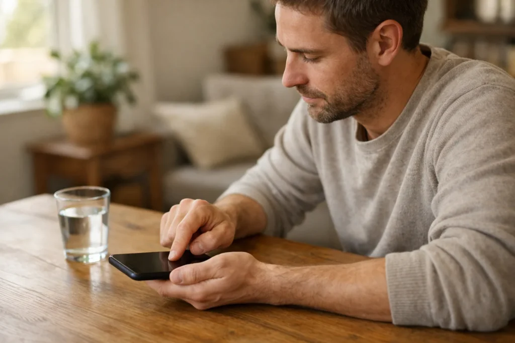 Iemand past thuis aan de eettafel meldingsinstellingen op een telefoon aan.