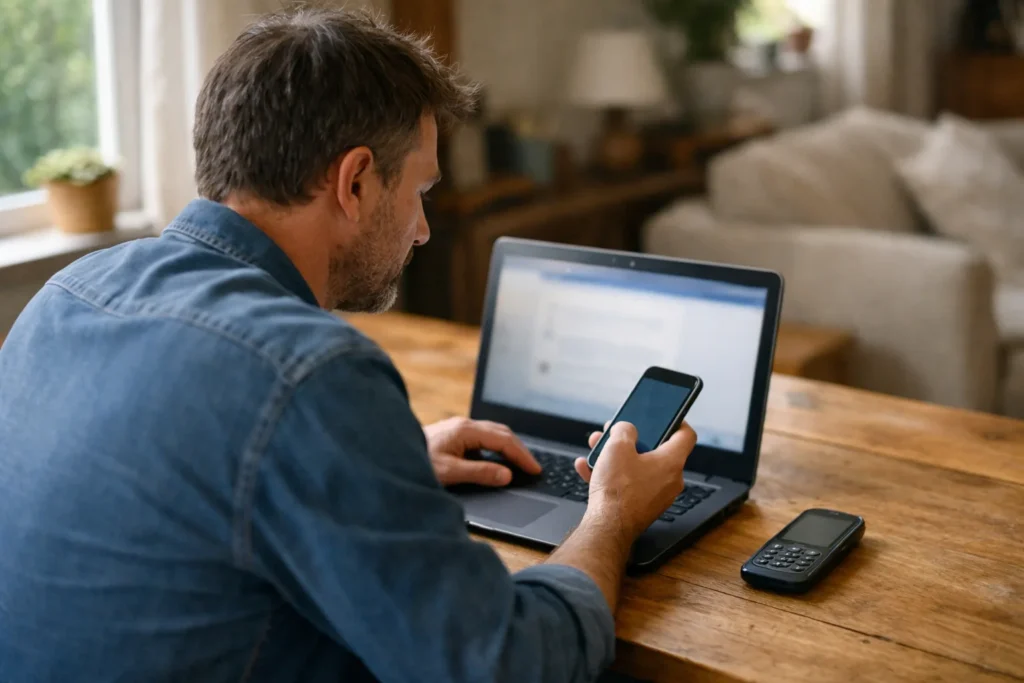 Iemand bekijkt een laptop met een telefoon in de hand en een oudere telefoon op tafel.