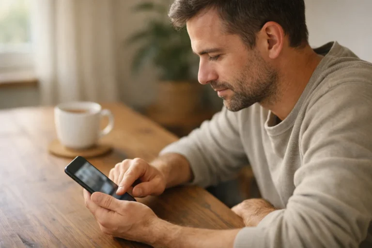 Persoon die thuis aan tafel aandachtig een smartphone bekijkt.
