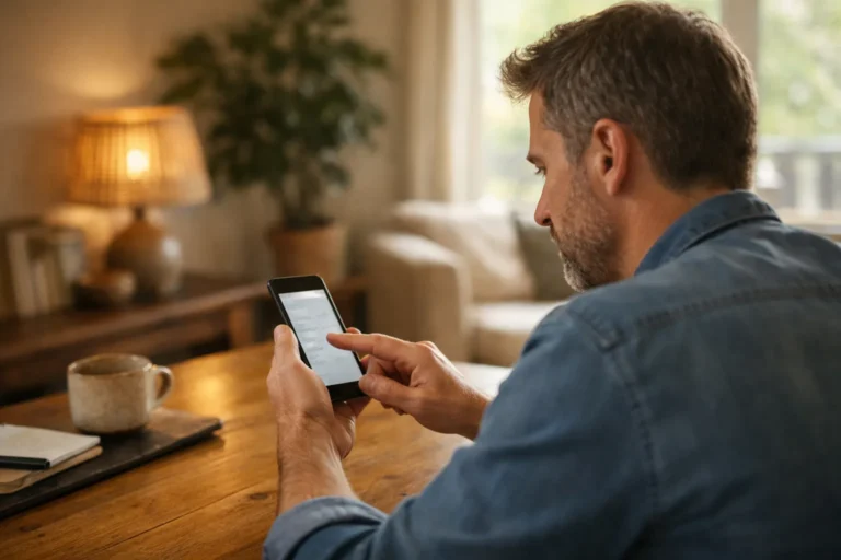 Persoon bekijkt thuis een smartphone om instellingen te controleren.