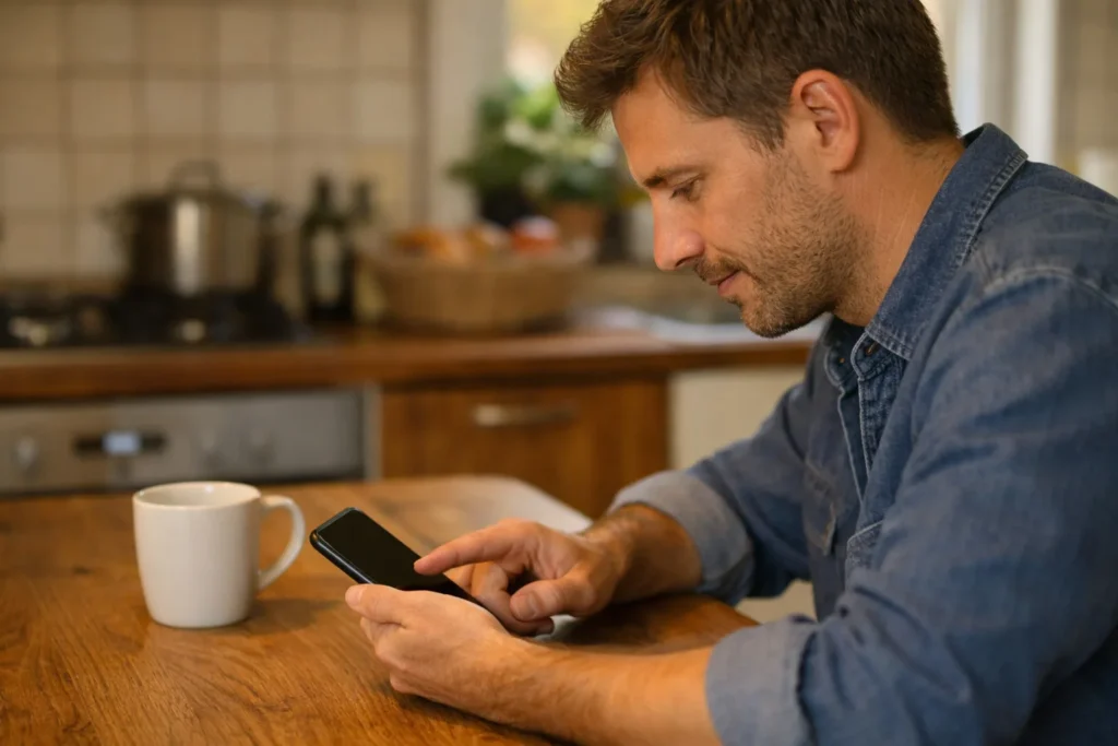 Een persoon bekijkt een smartphone aan de keukentafel.