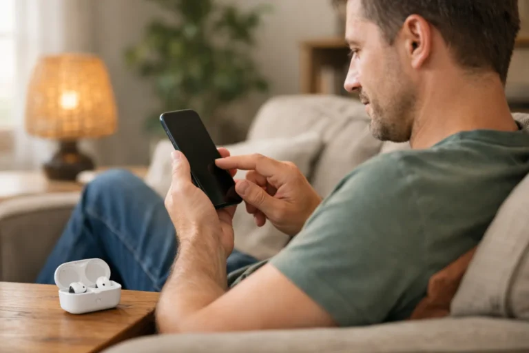 Persoon op een bank die het volume van een telefoon aanpast, met oortjes op tafel
