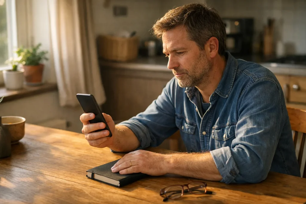 Een persoon bekijkt een smartphone aan de keukentafel.
