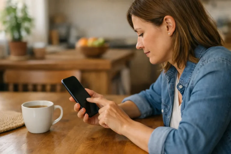 Persoon aan de keukentafel bekijkt een smartphone om een TikTok repost te verwijderen.