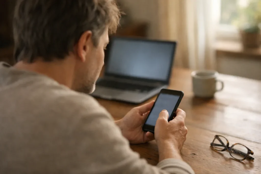 Persoon die thuis op een smartphone instellingen bekijkt, met een laptop op tafel.