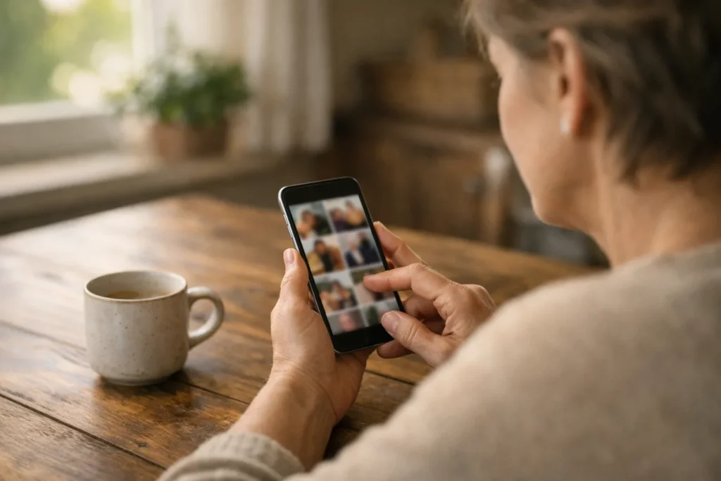 Persoon bekijkt een smartphone aan de keukentafel om een oude Instagram foto terug te vinden.