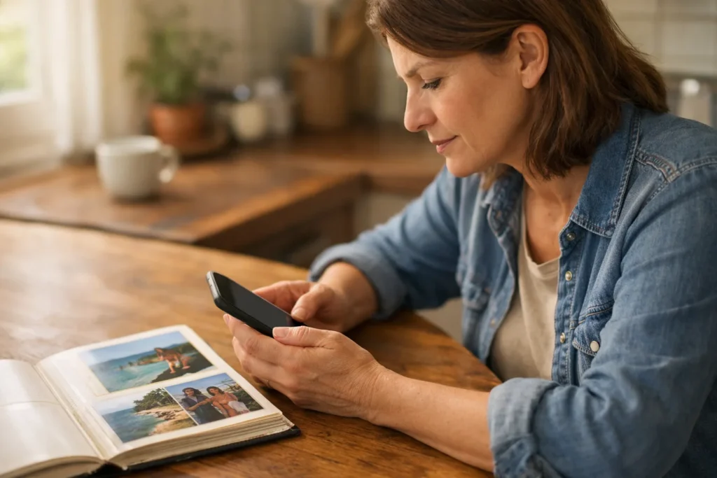 Persoon zoekt op een telefoon naar een oud Facebook bericht aan de keukentafel.