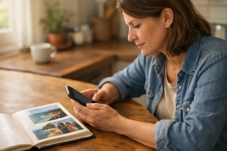 Persoon zoekt op een telefoon naar een oud Facebook bericht aan de keukentafel.
