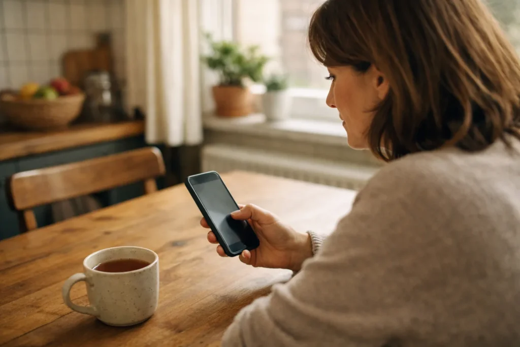Iemand bekijkt een smartphone aan de keukentafel om gekoppelde accounts te controleren.