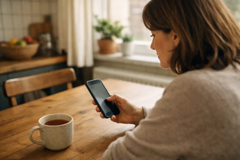 Iemand bekijkt een smartphone aan de keukentafel om gekoppelde accounts te controleren.