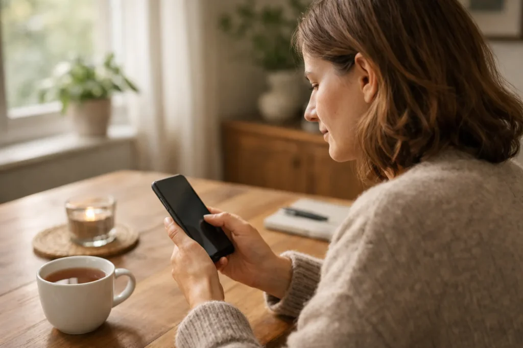 Persoon bekijkt een smartphone aan de eettafel om een profielkoppeling te beheren.