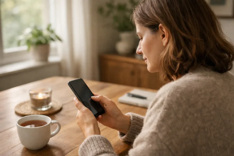 Persoon bekijkt een smartphone aan de eettafel om een profielkoppeling te beheren.