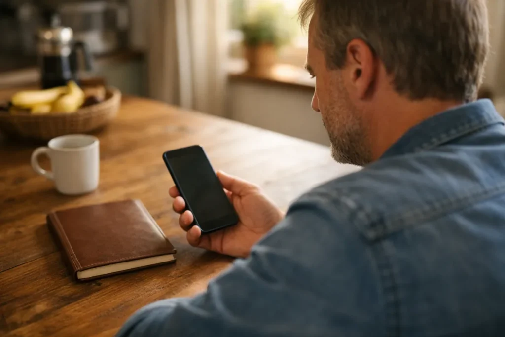 Persoon aan een houten keukentafel die een smartphone gebruikt