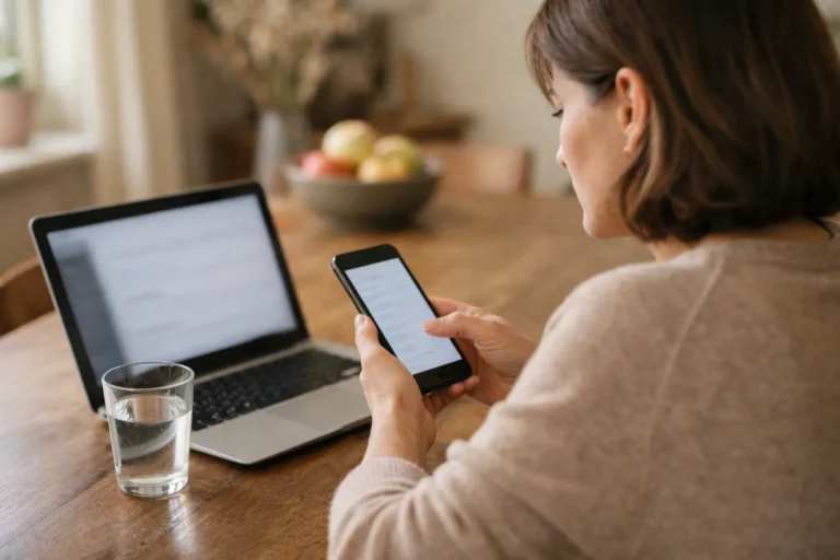 Iemand controleert accounttoegang op een telefoon met een laptop op tafel.