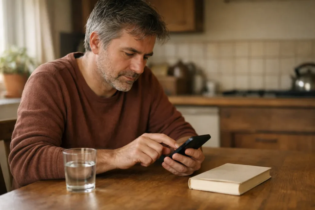 Persoon kijkt naar een telefoon aan een houten keukentafel.