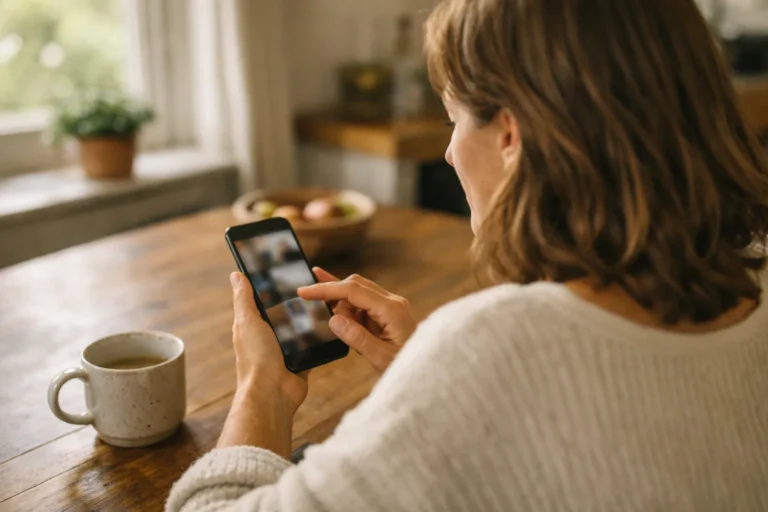 Iemand bekijkt een smartphone aan de keukentafel bij het raam.
