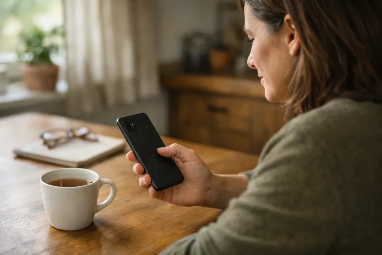 Persoon bekijkt thuis een smartphone om een vastgezet Facebook bericht te beheren.