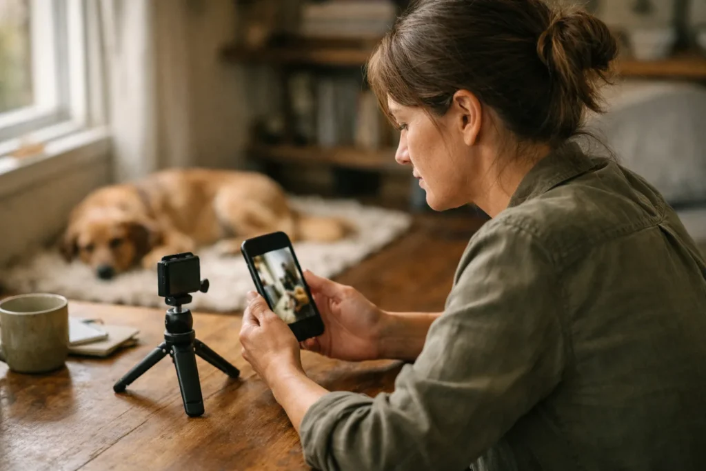 Persoon bekijkt een opgenomen video op een telefoon aan tafel bij het raam.