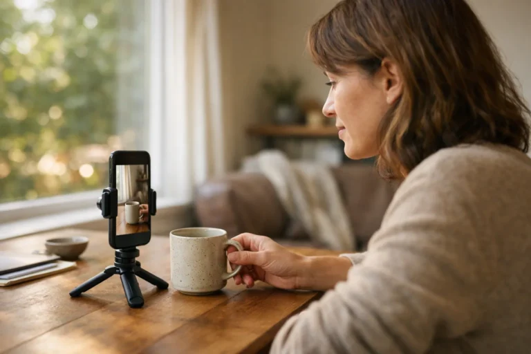 Persoon filmt een mok op tafel met een smartphone op een statief bij daglicht.