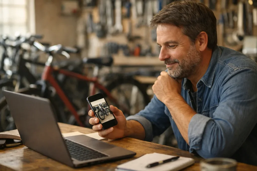 Ondernemer in een fietsenwerkplaats bereidt op een laptop een bericht voor de Facebook bedrijfspagina voor.