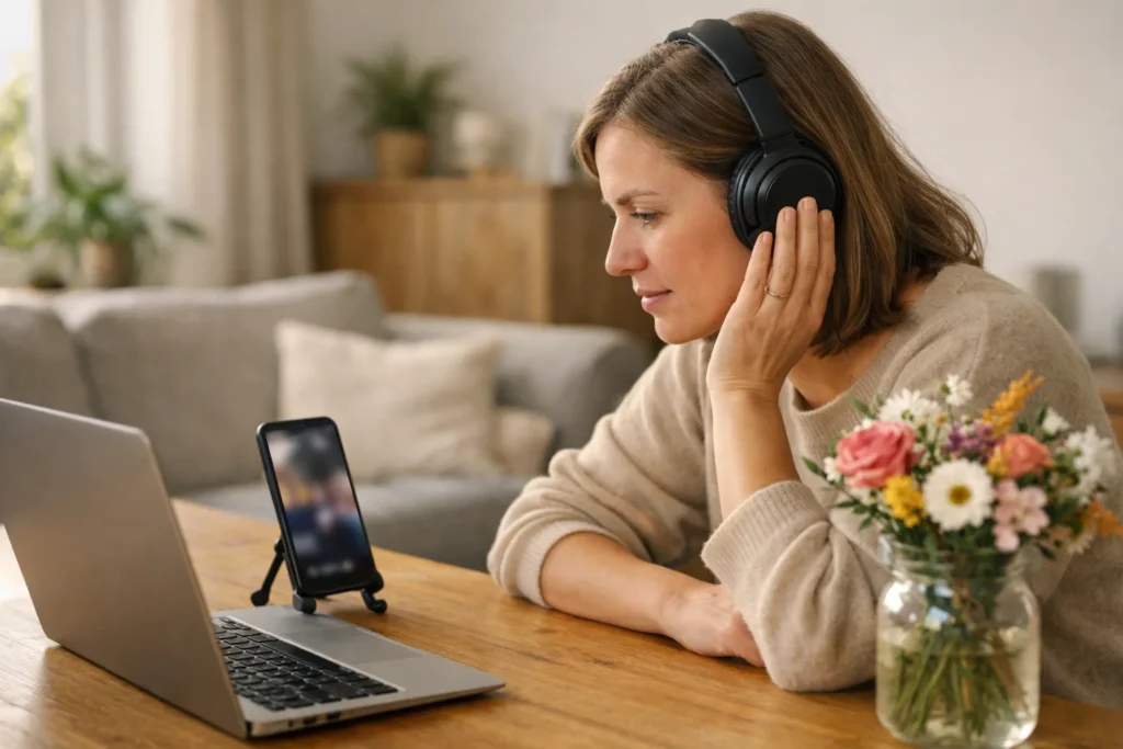 Persoon luistert met een koptelefoon naar muziek voor een TikTok video aan een houten tafel.