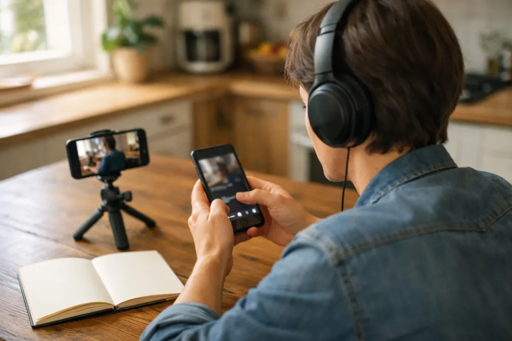 Iemand kiest met een koptelefoon en smartphone muziek voor een TikTok video.