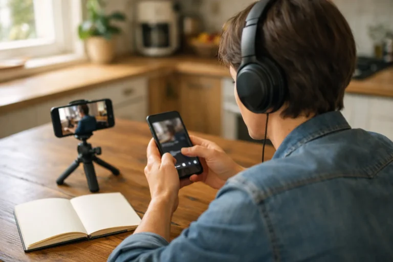 Iemand kiest met een koptelefoon en smartphone muziek voor een TikTok video.