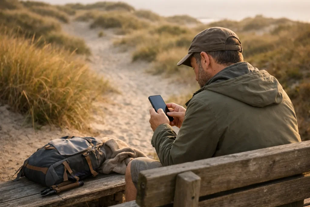 Wandelaar typt op een telefoon op een bankje bij de duinen.