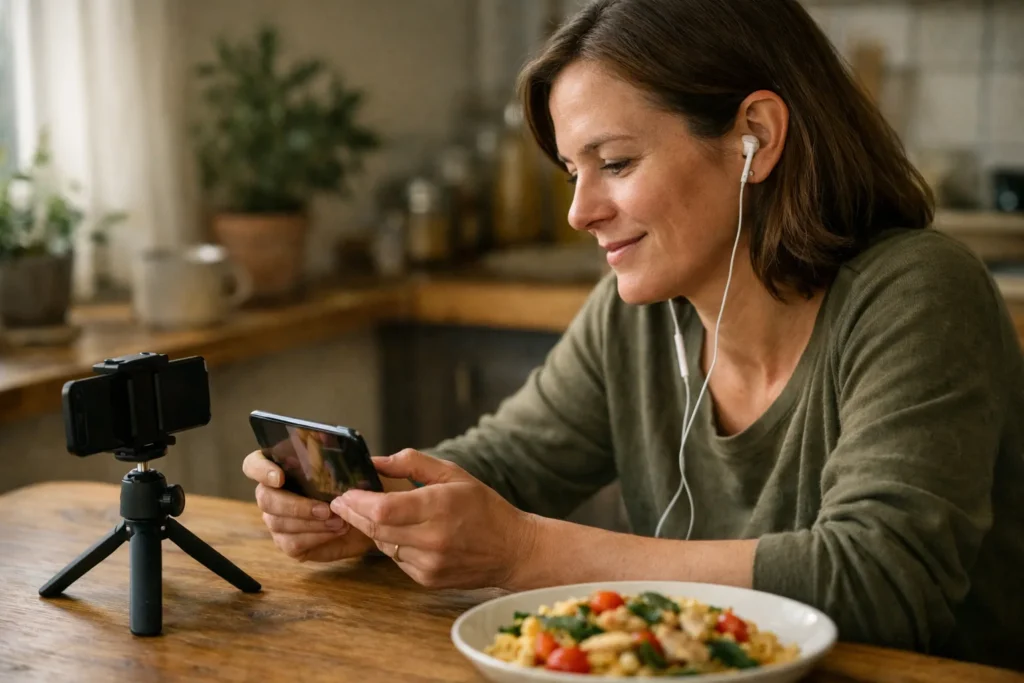 Persoon luistert met oortjes naar een eigen filmpje op een telefoon aan de keukentafel.