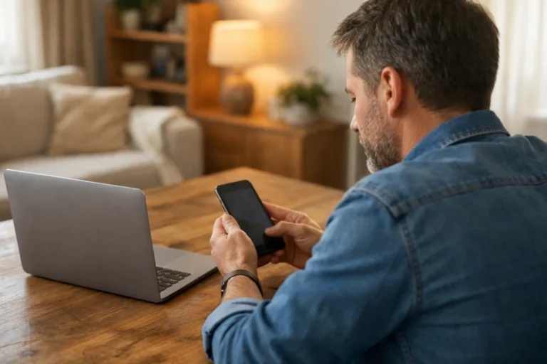 Persoon die thuis een telefoon bekijkt aan een houten tafel, met een laptop ernaast.