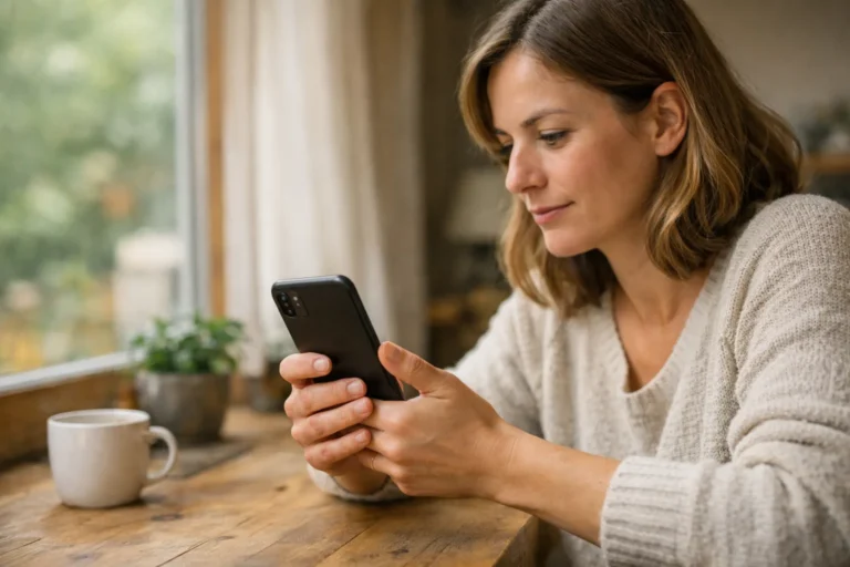 Persoon bekijkt thuis een smartphone om een profielfoto te controleren.
