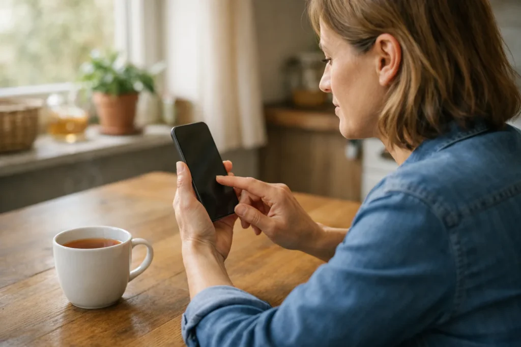 Persoon bekijkt een smartphone aan de keukentafel in warm daglicht.