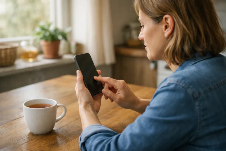 Persoon bekijkt een smartphone aan de keukentafel in warm daglicht.