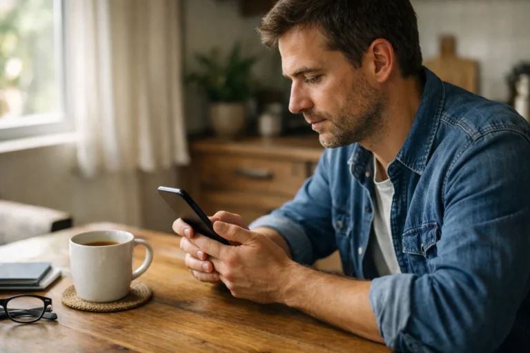 Persoon bekijkt een smartphone aan de keukentafel om de privacy van een profiel te controleren.