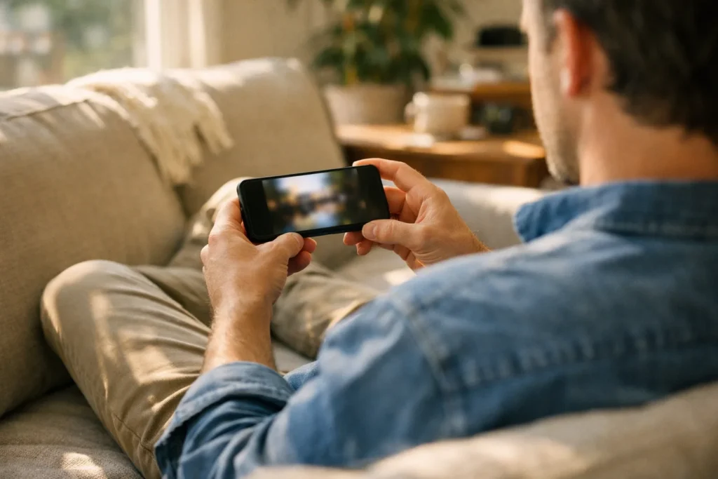 Persoon die aan de keukentafel een video op een smartphone bekijkt