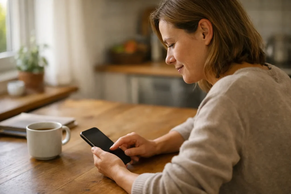 Persoon controleert een smartphone aan de keukentafel voordat die een profiel bekijkt.