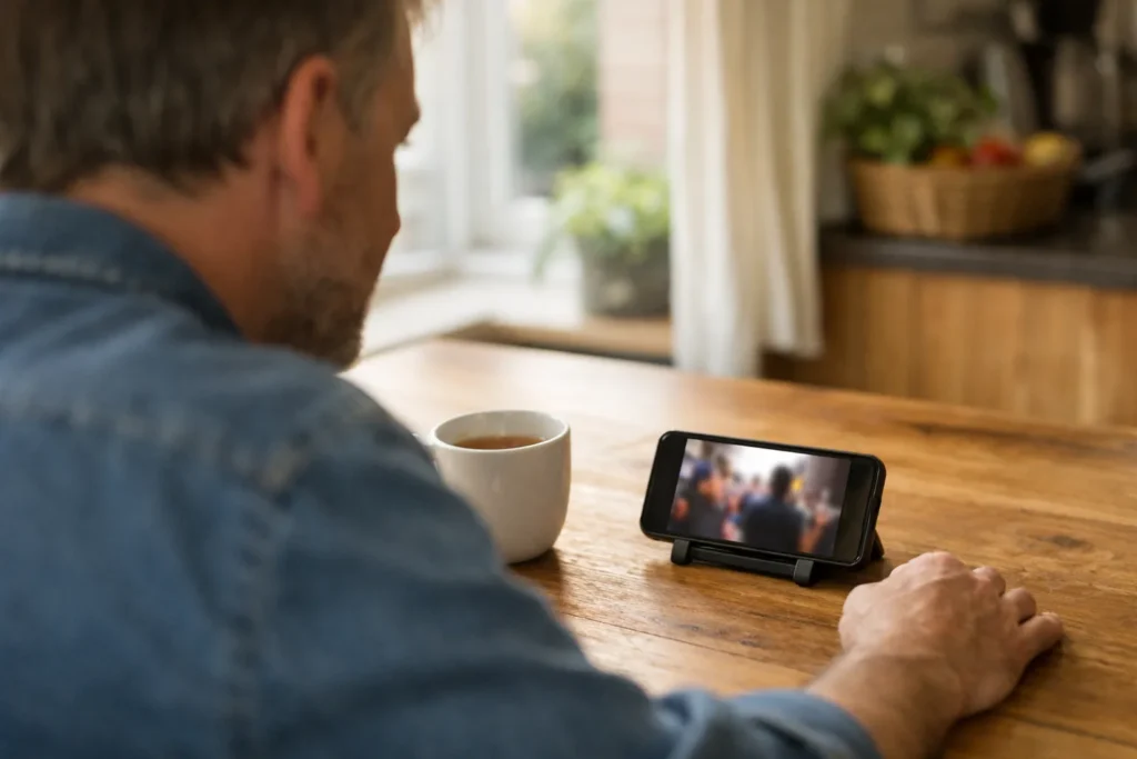 Iemand kijkt aan de keukentafel naar een livevideo op een telefoon in een standaard.