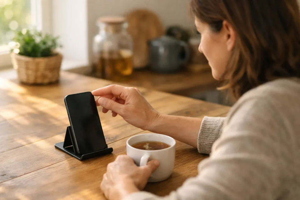 Iemand kijkt thuis aan de keukentafel naar een video op een smartphone.