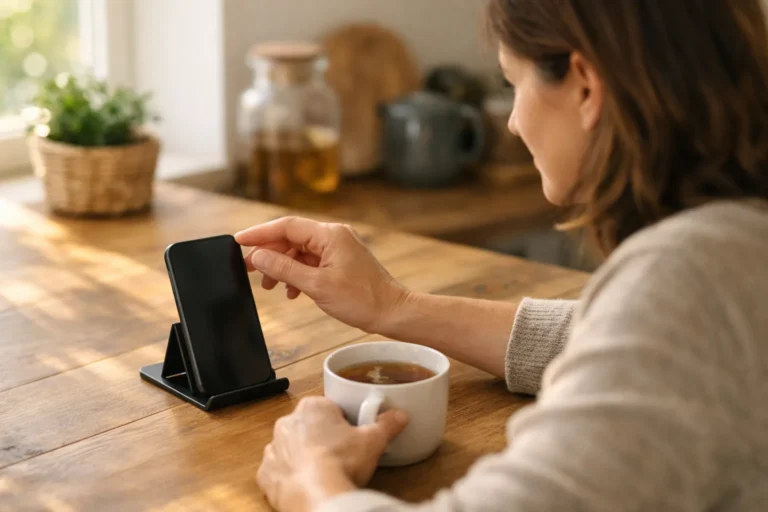Iemand kijkt thuis aan de keukentafel naar een video op een smartphone.