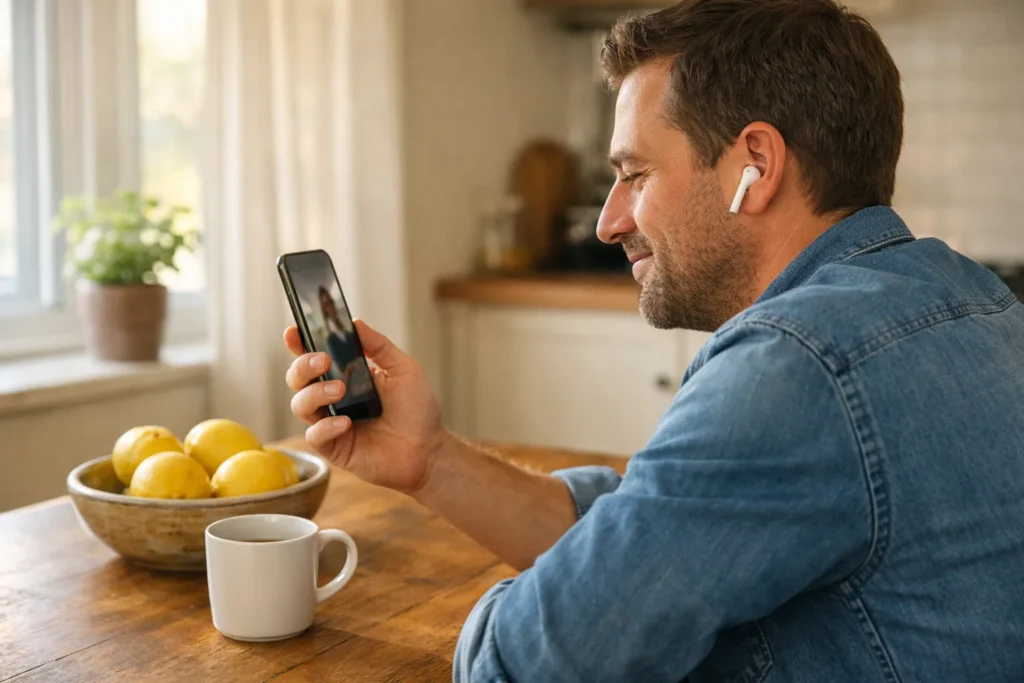 Persoon bekijkt een video op een smartphone aan de keukentafel met een oortje in.