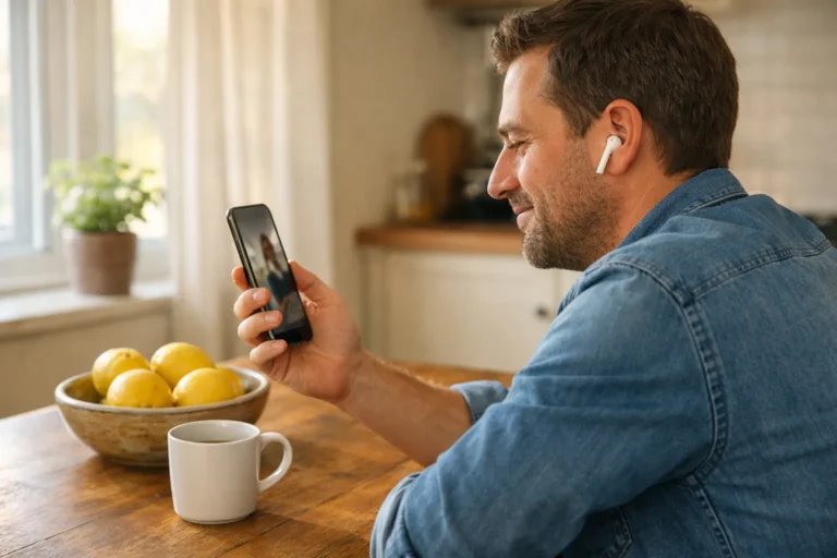 Persoon bekijkt een video op een smartphone aan de keukentafel met een oortje in.