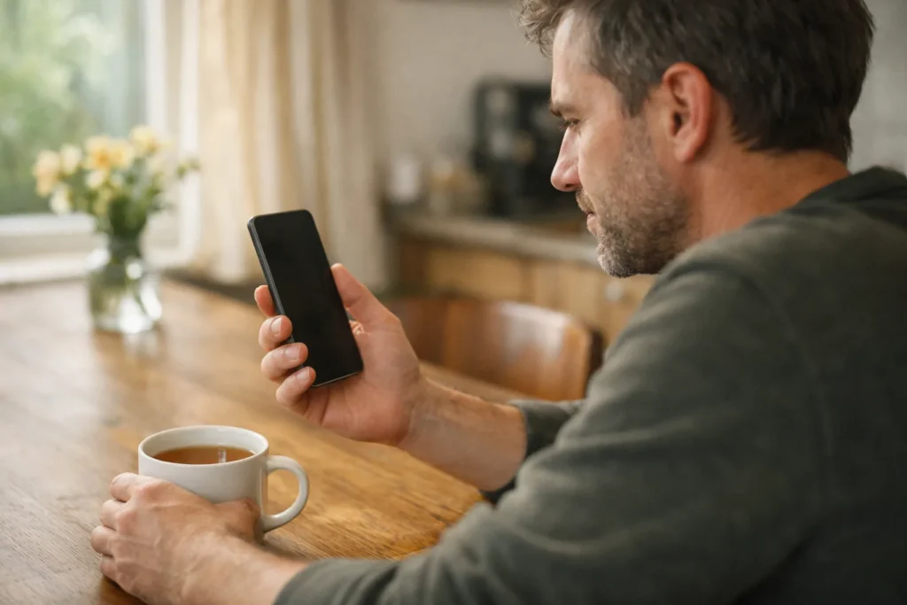 Een persoon kijkt thuis aan de keukentafel naar een telefoon.
