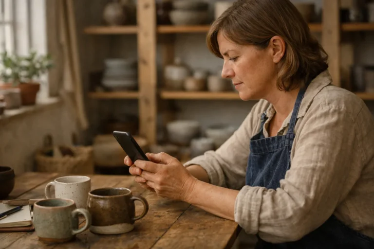Winkeleigenaar schrijft een Instagram bijschrift op een smartphone aan een werktafel met keramische mokken.