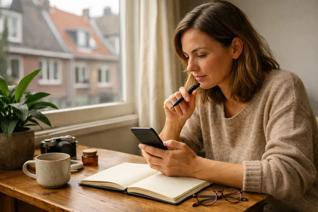Iemand denkt aan de keukentafel na over een Instagram bio, met een telefoon en notitieboek bij de hand.