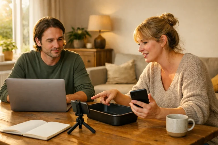 Twee mensen bespreken aan een tafel een samenwerking voor een kookvideo.